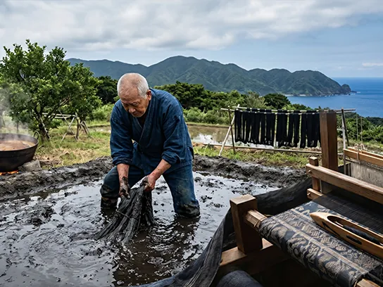 奄美大島の伝統工芸・大島紬の泥染め工程